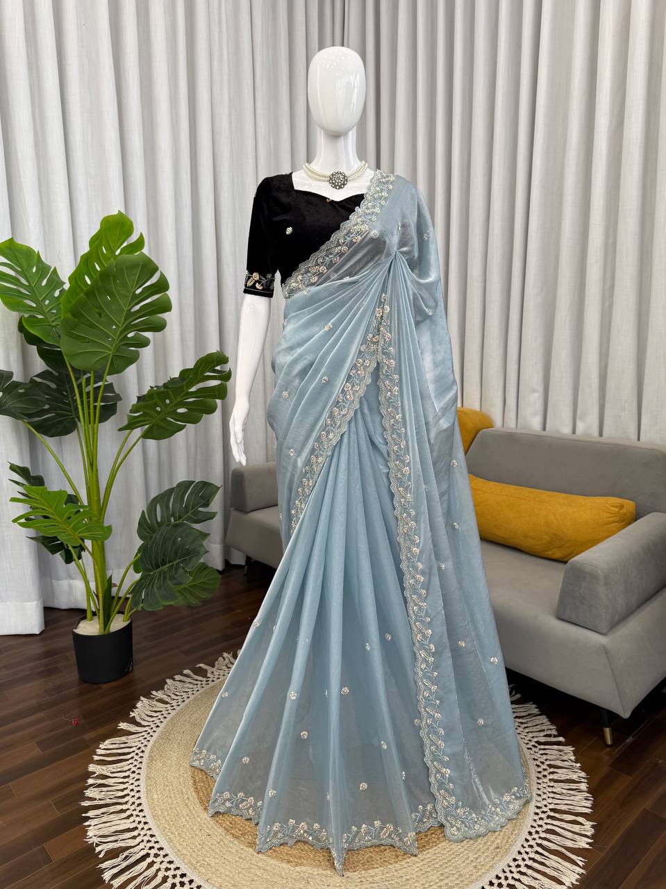 Sky Blue Organza Silk Party Wear Saree with Sequence Work
