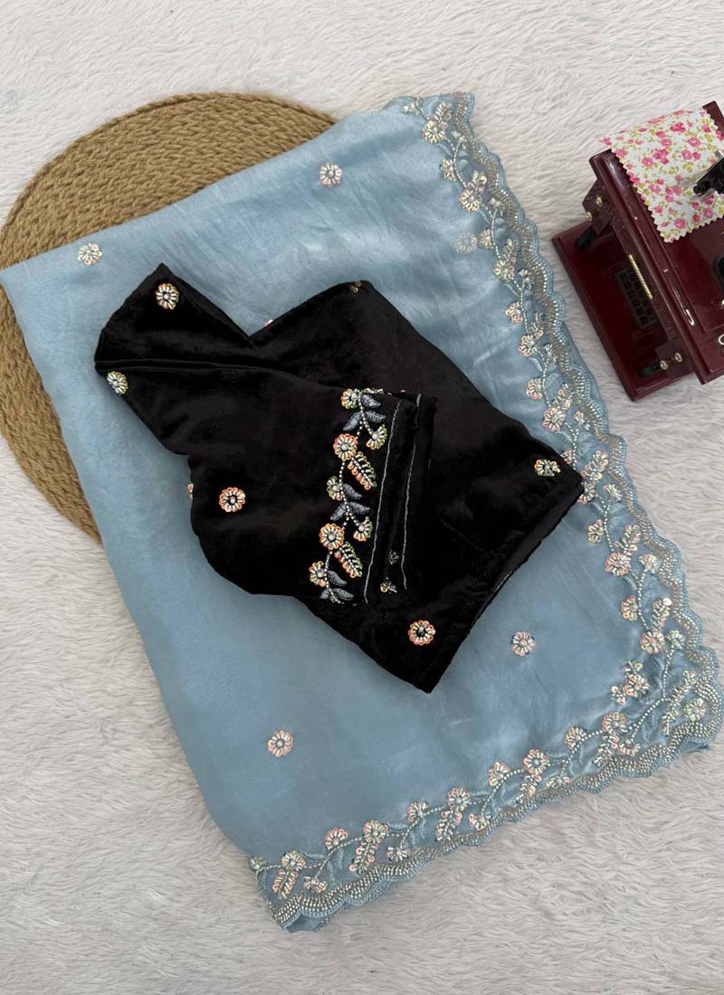 Sky Blue Organza Silk Party Wear Saree with Sequence Work