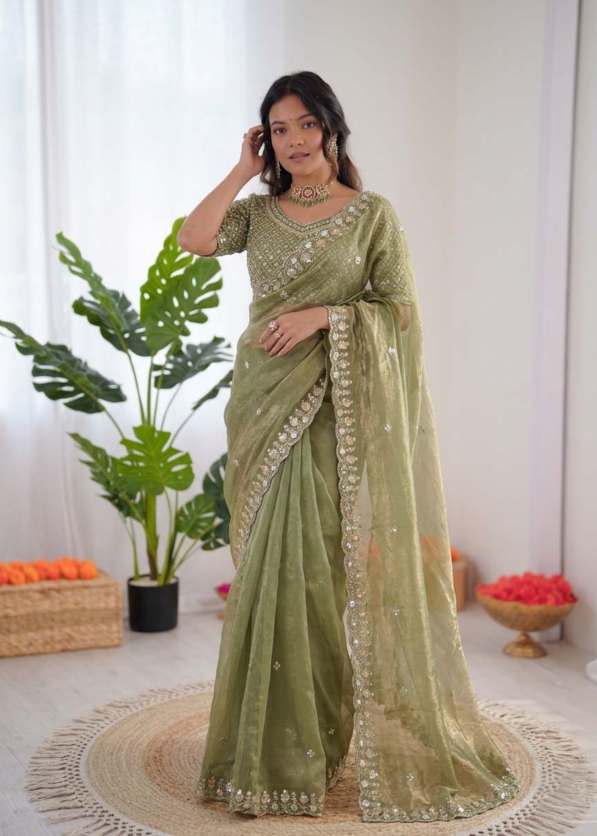 Mehendi Green Sequence Work Organza Silk Ready to Wear Saree