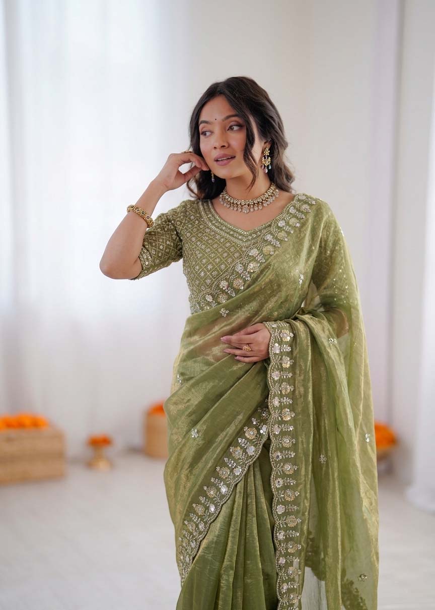 Mehendi Green Sequence Work Organza Silk Ready to Wear Saree