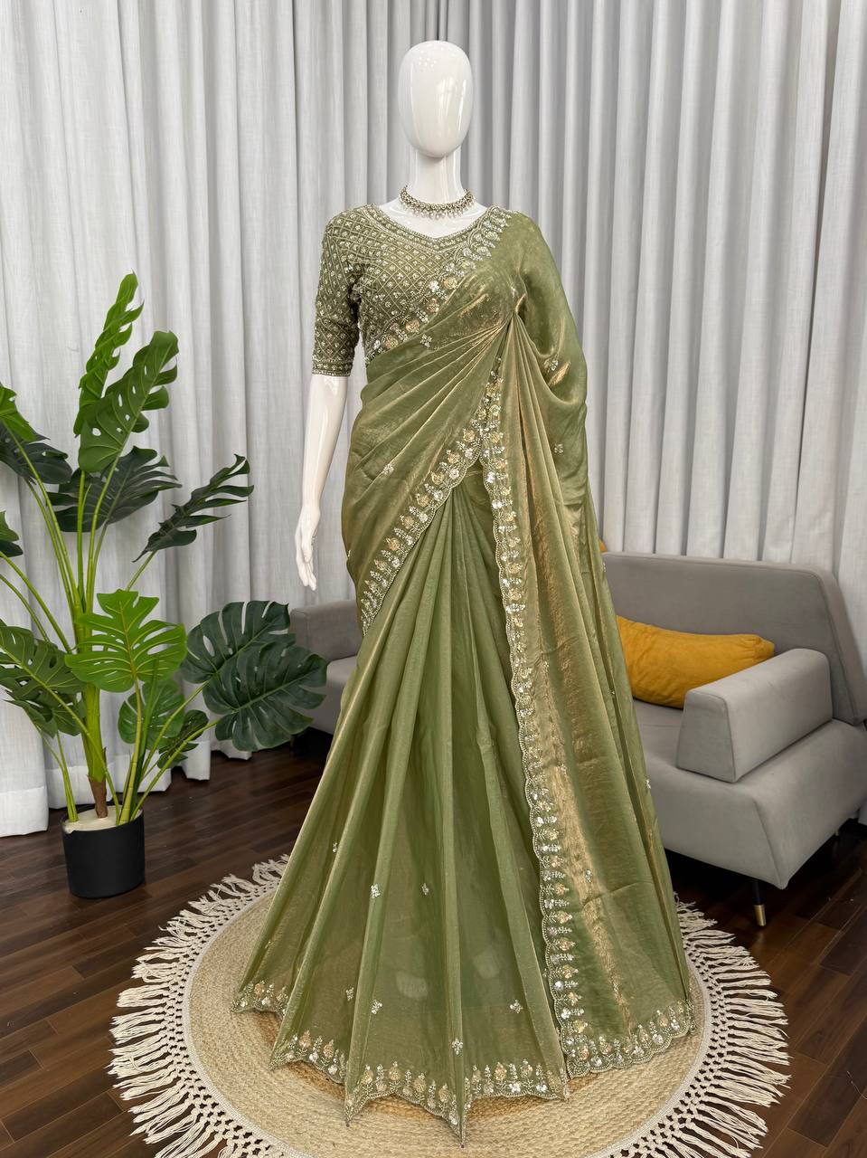 Mehendi Green Sequence Work Organza Silk Ready to Wear Saree
