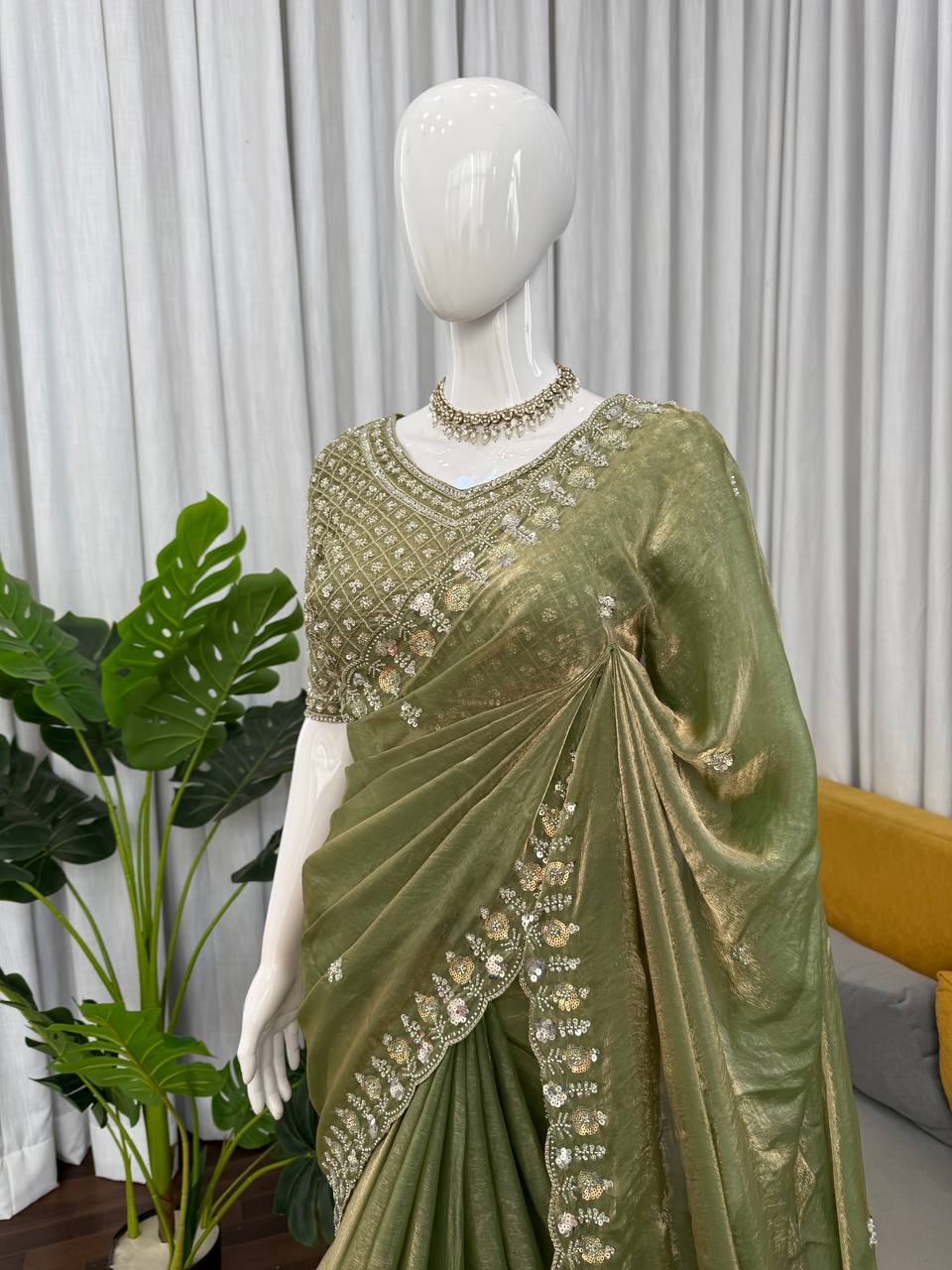 Mehendi Green Sequence Work Organza Silk Ready to Wear Saree