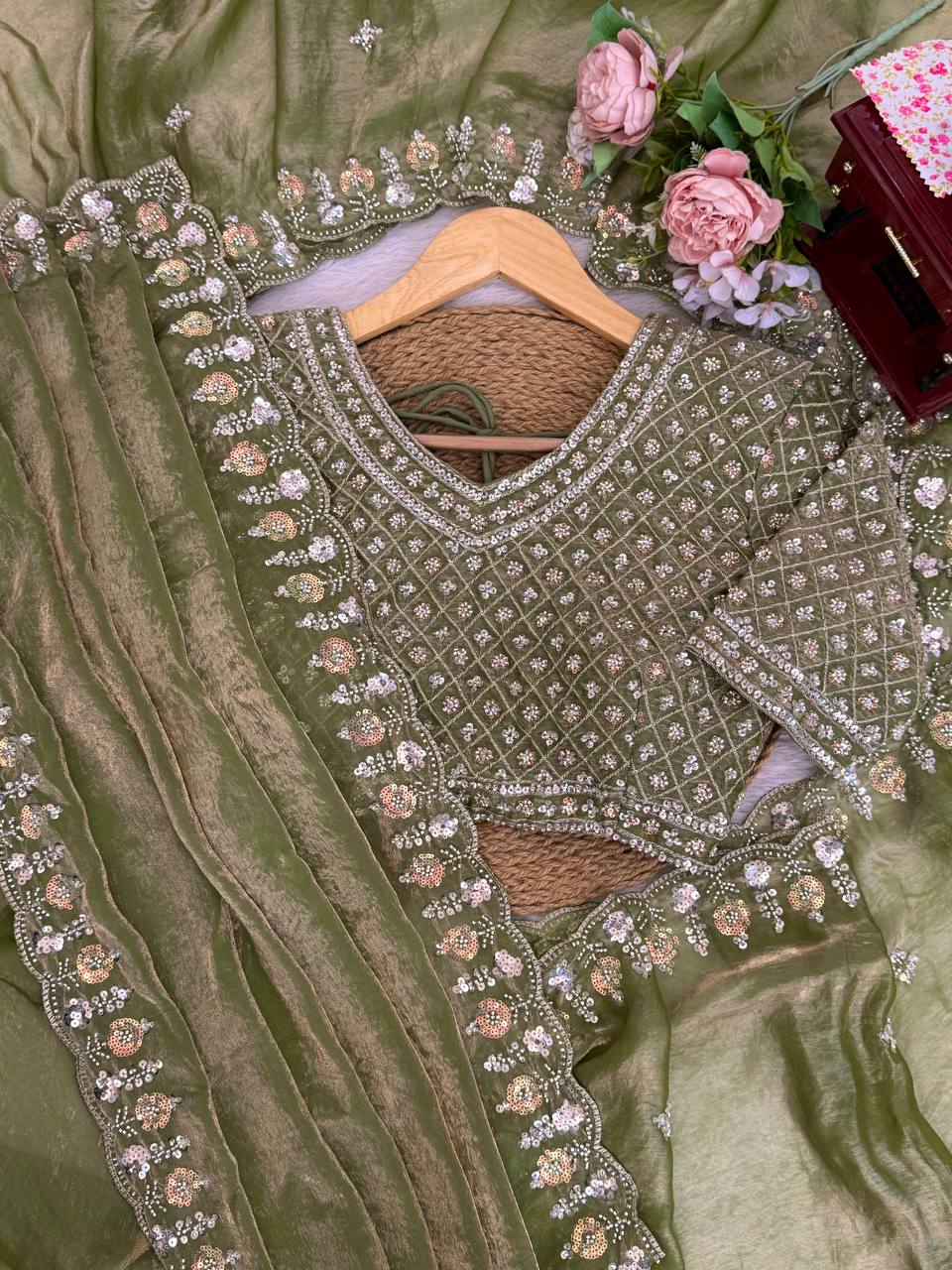 Mehendi Green Sequence Work Organza Silk Ready to Wear Saree