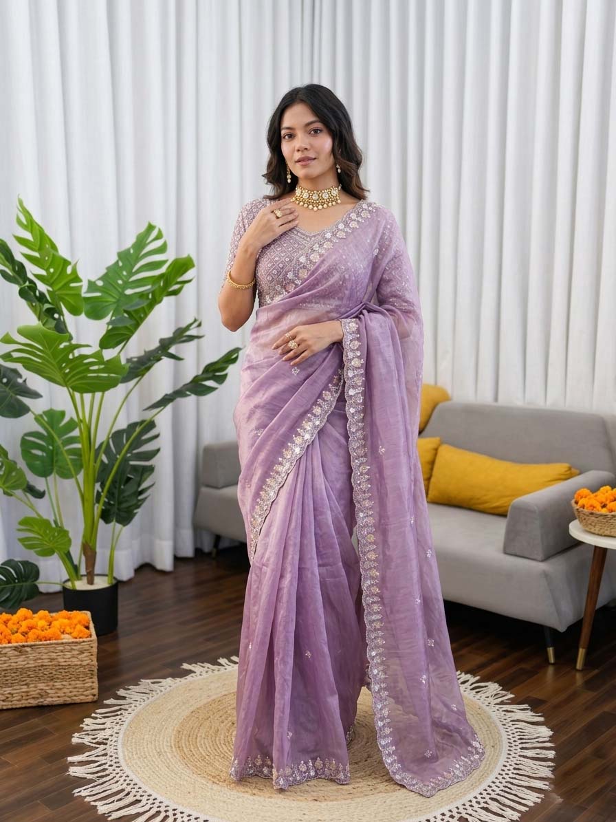 Lavender Organza Silk Saree with Sequin Work for Party Wear