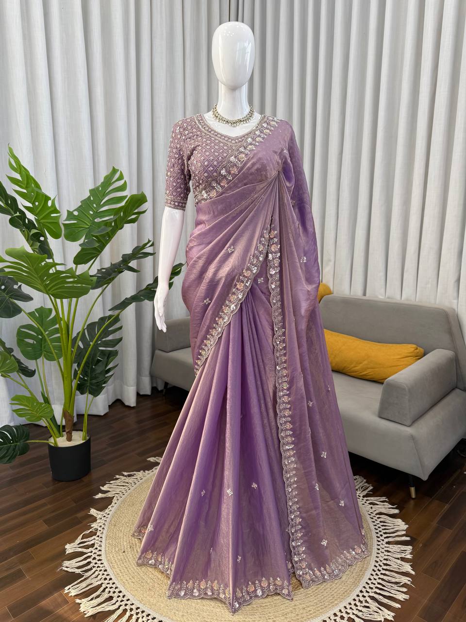 Lavender Organza Silk Saree with Sequin Work for Party Wear