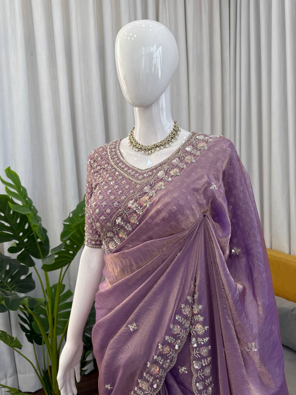 Lavender Organza Silk Saree with Sequin Work for Party Wear