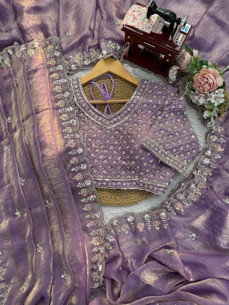 Lavender Organza Silk Saree with Sequin Work for Party Wear