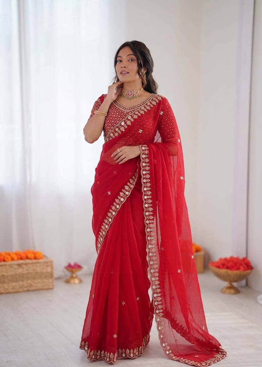 Model wearing a red organza silk party wear saree with sequence embroidery