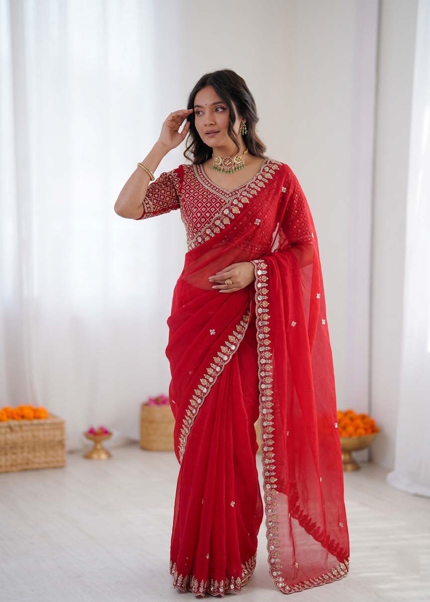 Red Organza Silk Party Wear Saree with Sequence Embroidery