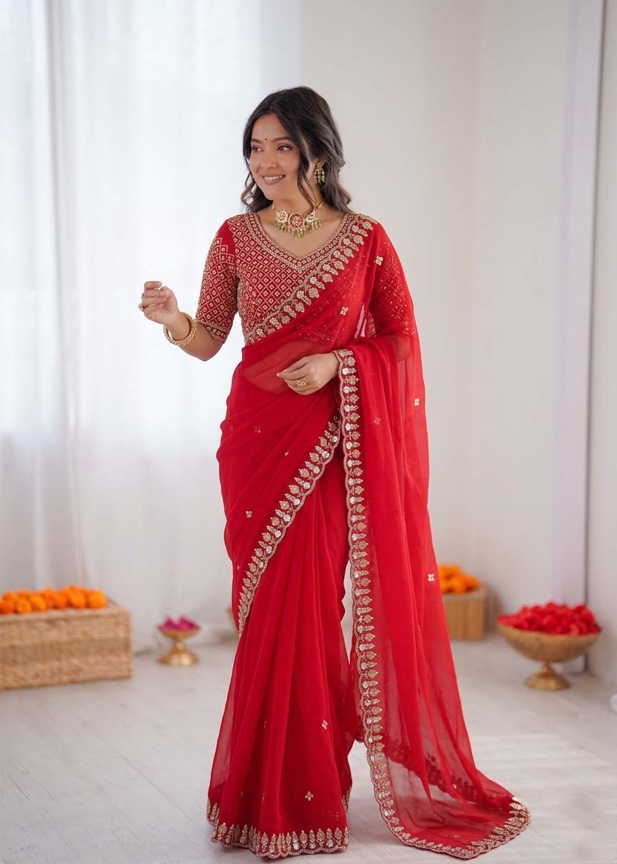 Red Organza Silk Party Wear Saree with Sequence Embroidery