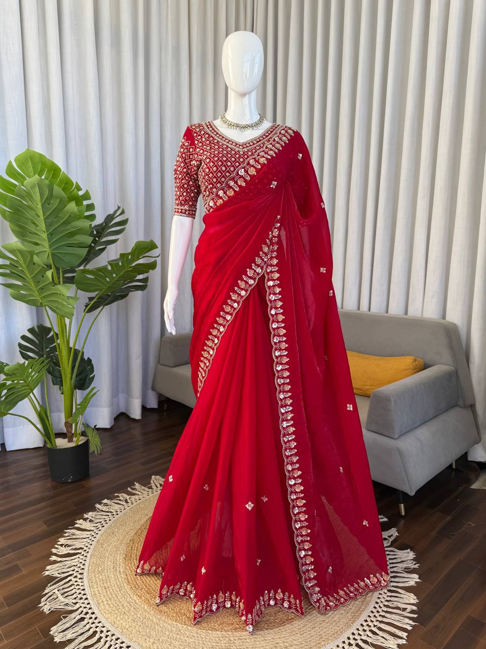 Red Organza Silk Party Wear Saree with Sequence Embroidery