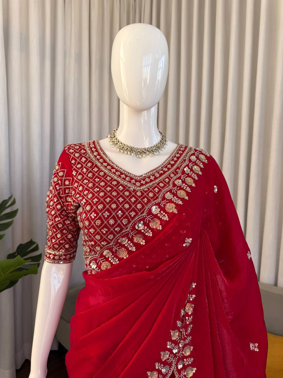 Red Organza Silk Party Wear Saree with Sequence Embroidery