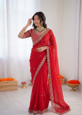 Red Organza Silk Party Wear Saree with Sequence Embroidery