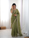 Mehendi green organza silk ready-to-wear saree with all-over sequence embroidery.