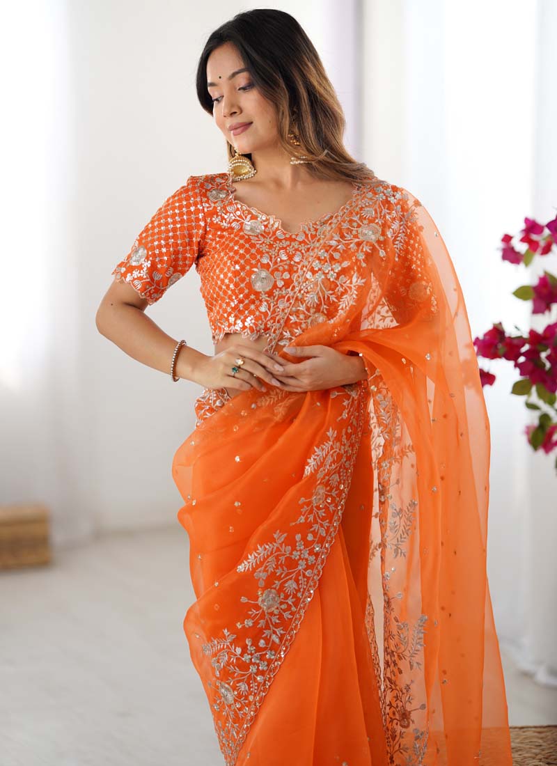 Orange Organza Silk Ready-To-Wear Saree with Sequence Embroidery