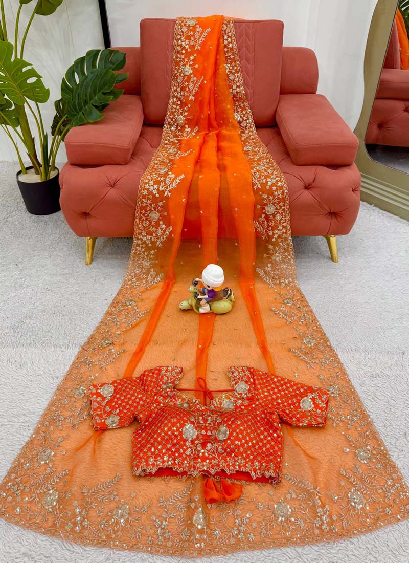 Orange Organza Silk Ready-To-Wear Saree with Sequence Embroidery