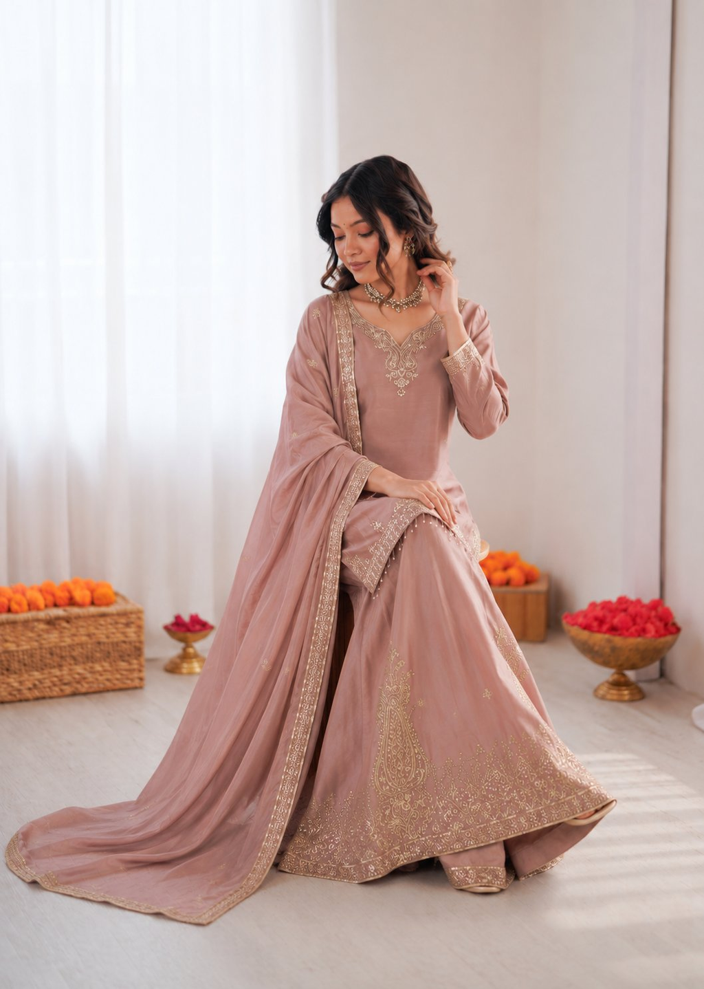 Onion Pink Crepe Sharara Suit with Thread and Sequence Work