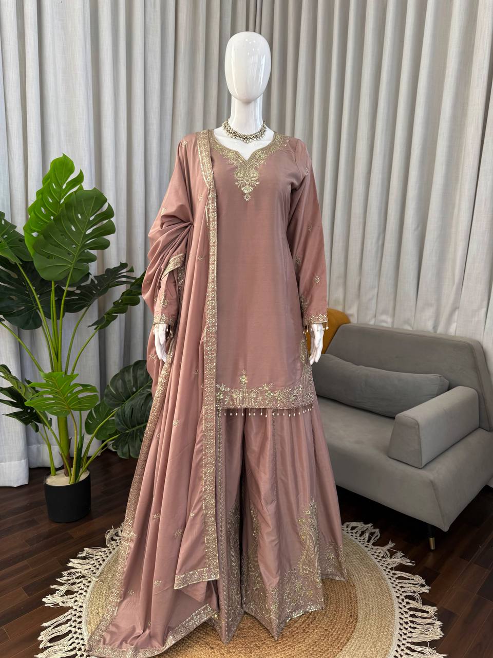Onion Pink Crepe Sharara Suit with Thread and Sequence Work