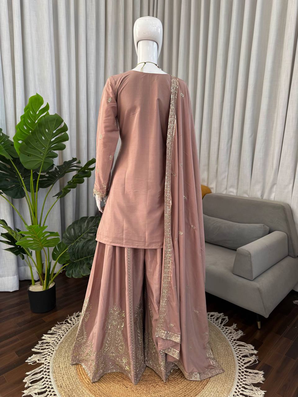 Onion Pink Crepe Sharara Suit with Thread and Sequence Work