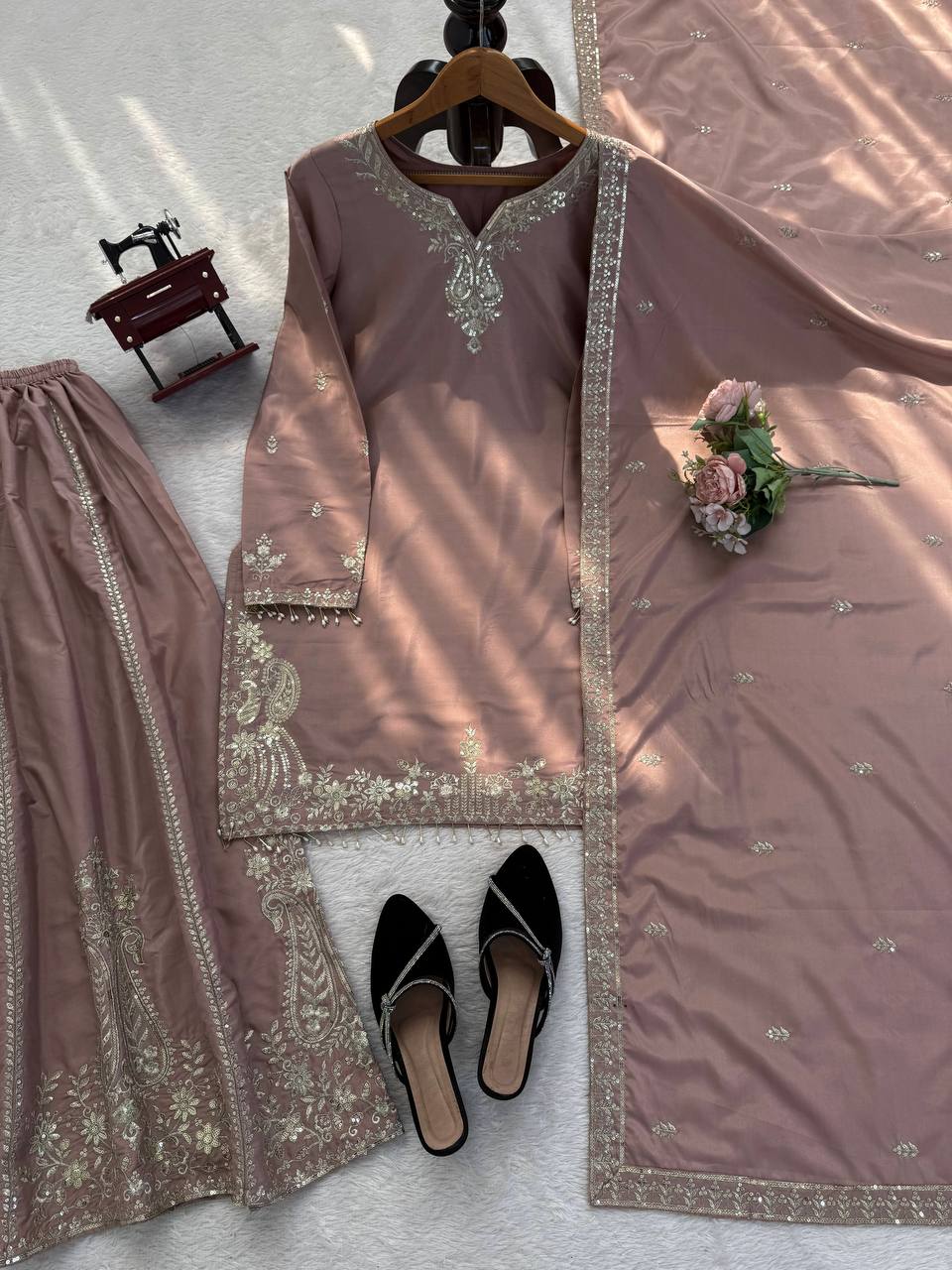 Onion Pink Crepe Sharara Suit with Thread and Sequence Work