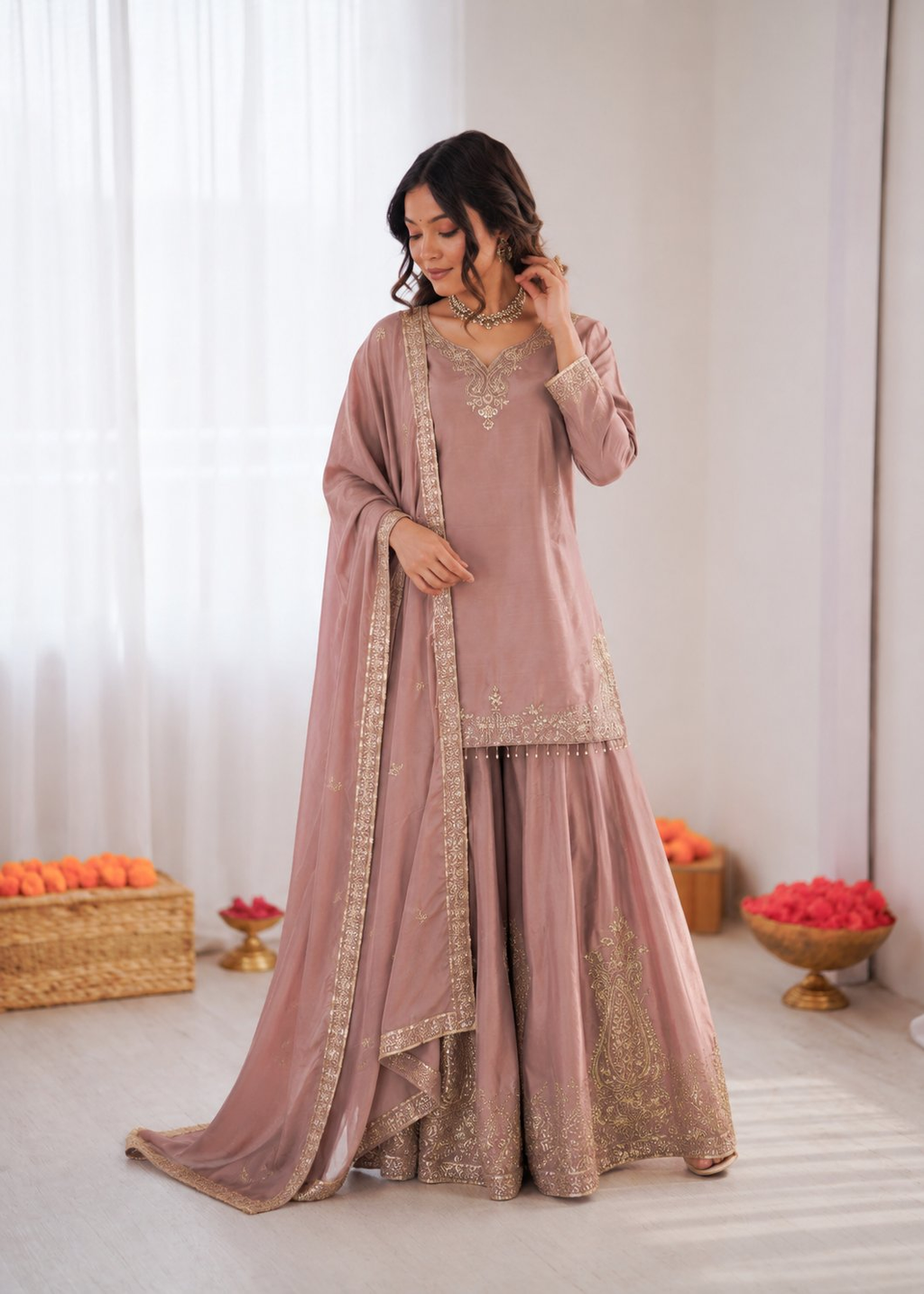 Onion pink crepe sharara suit with decorative thread and sequence work