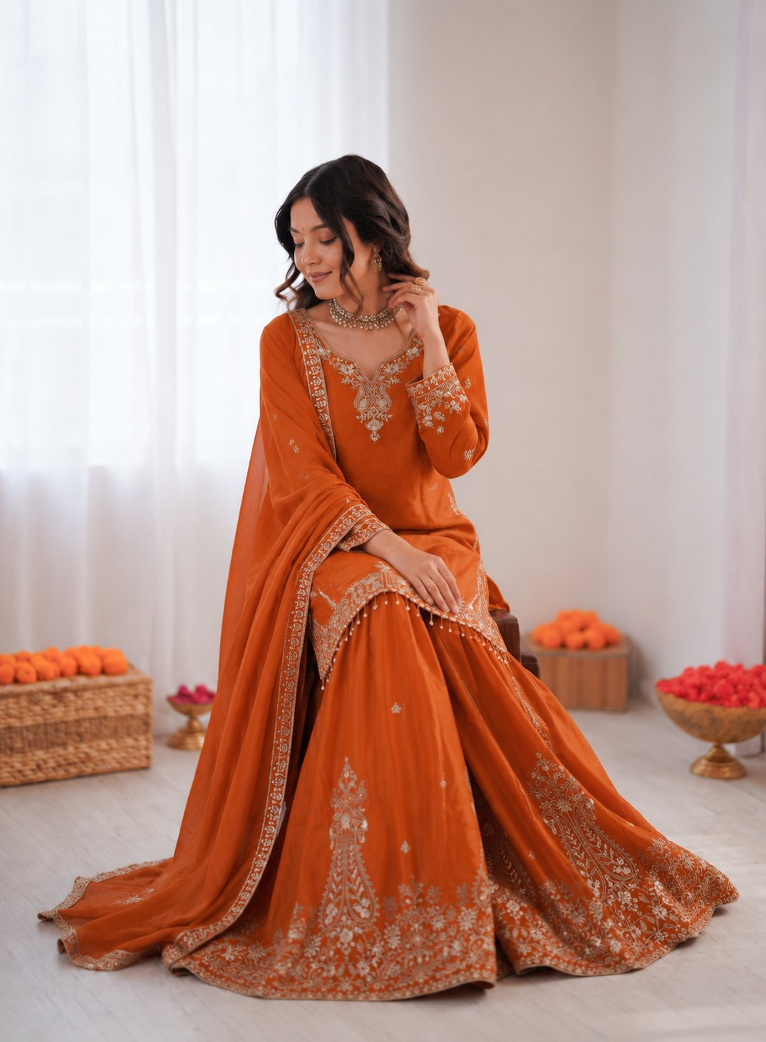 Orange Crepe Designer Sharara Suit with Sequence Thread Embroidery
