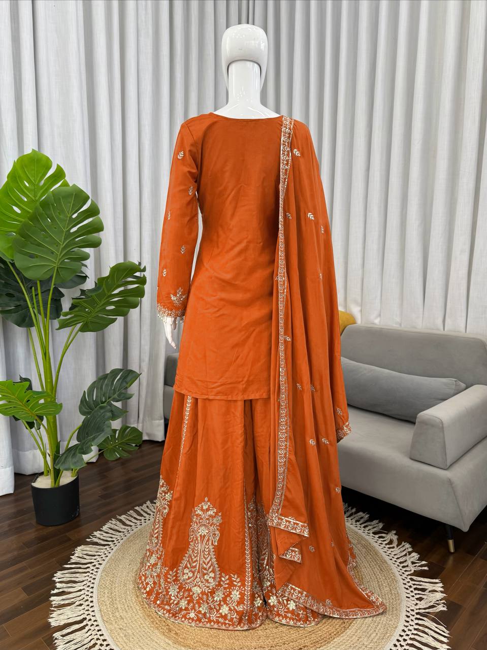Orange Crepe Designer Sharara Suit with Sequence Thread Embroidery