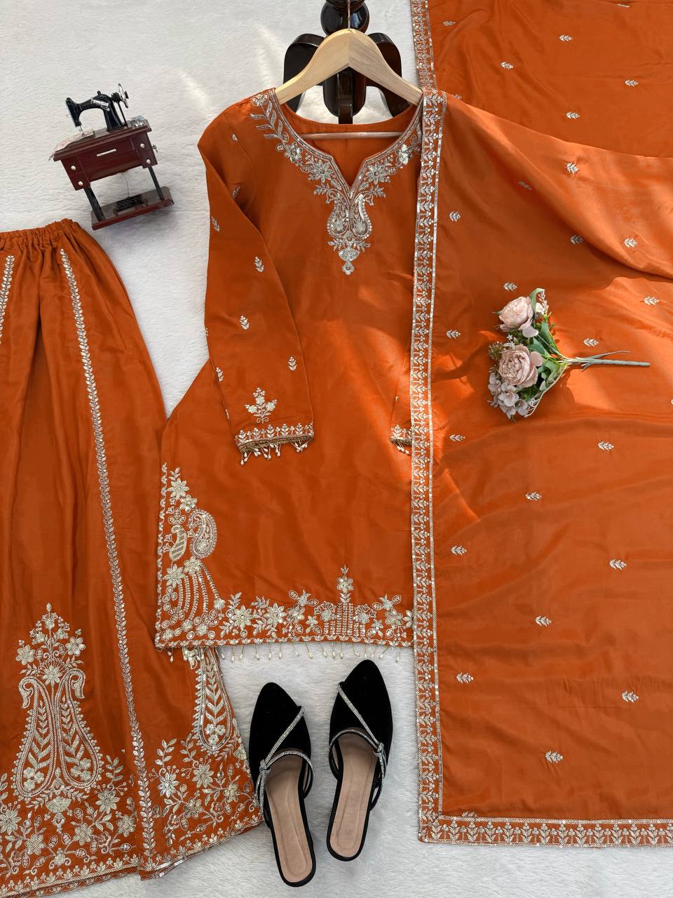 Orange Crepe Designer Sharara Suit with Sequence Thread Embroidery