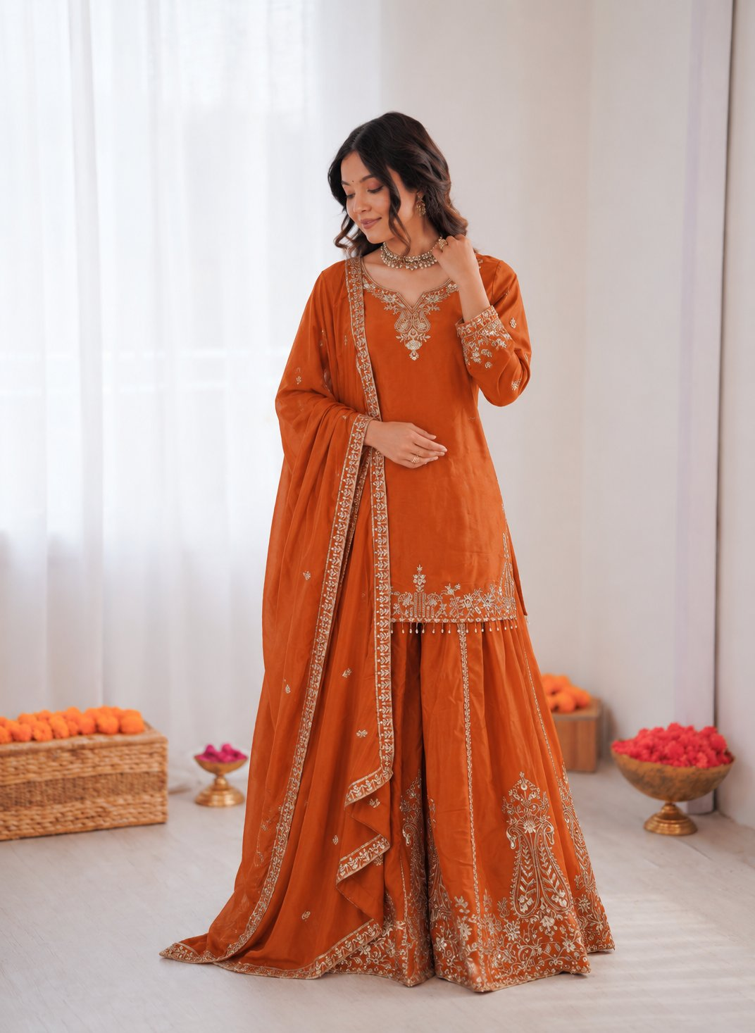 Orange crepe sharara suit with sequence and thread embroidery