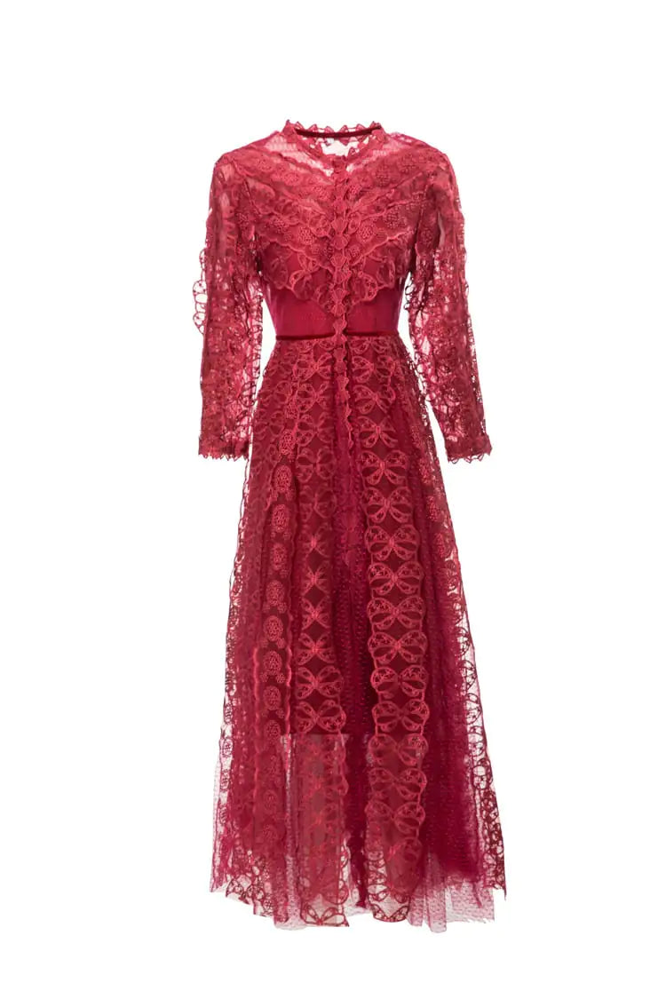 Women's Embroidered Mesh Lace Long Dress with Sheer Details - Image 2