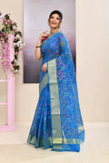 Sky Blue printed saree with subtle embellishments, crafted from a soft cotton blend.