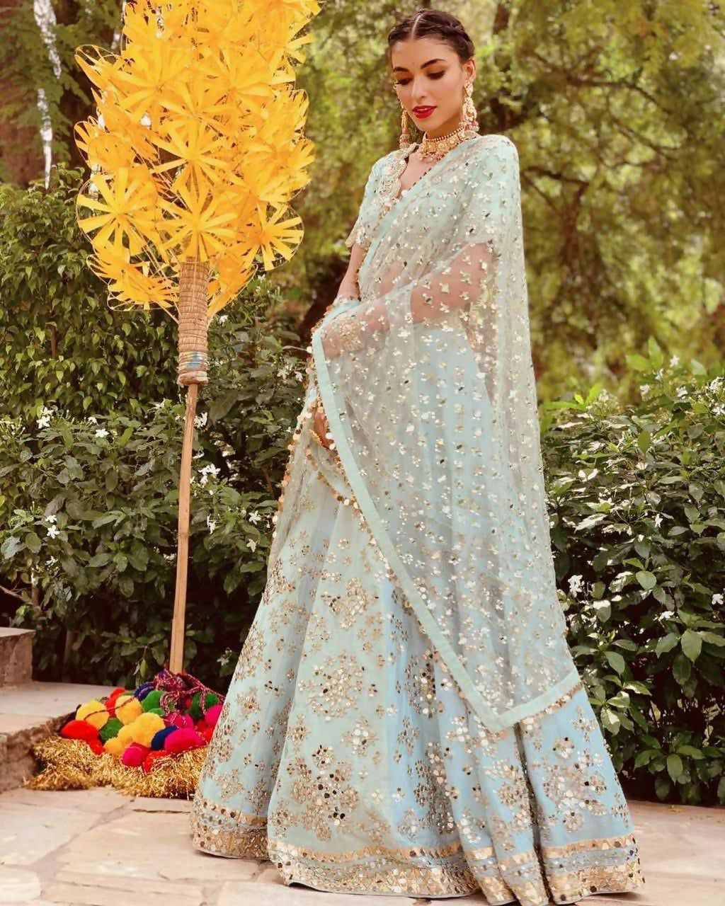 Sky Blue Mulberry Silk Paper Mirror and Zari Embroidered Lehenga