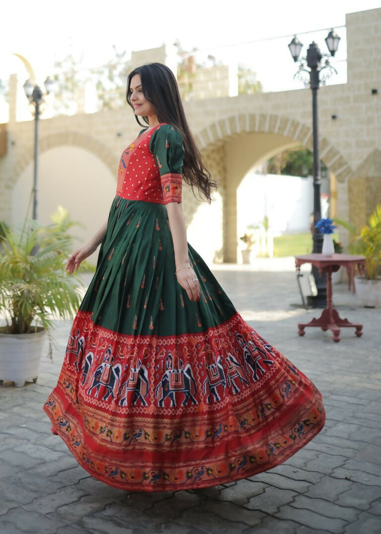Bottle Green Patola Print Dola Silk Anarkali Dress