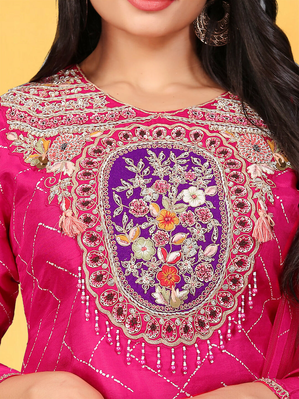 Rani Pink Viscose Dola Kurta Set with Handwork and Organza Dupatta