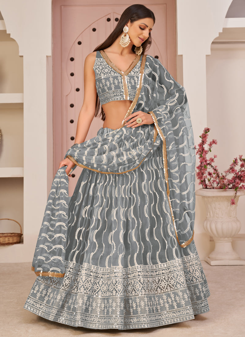 Grey butterfly net designer lehenga with intricate embroidery