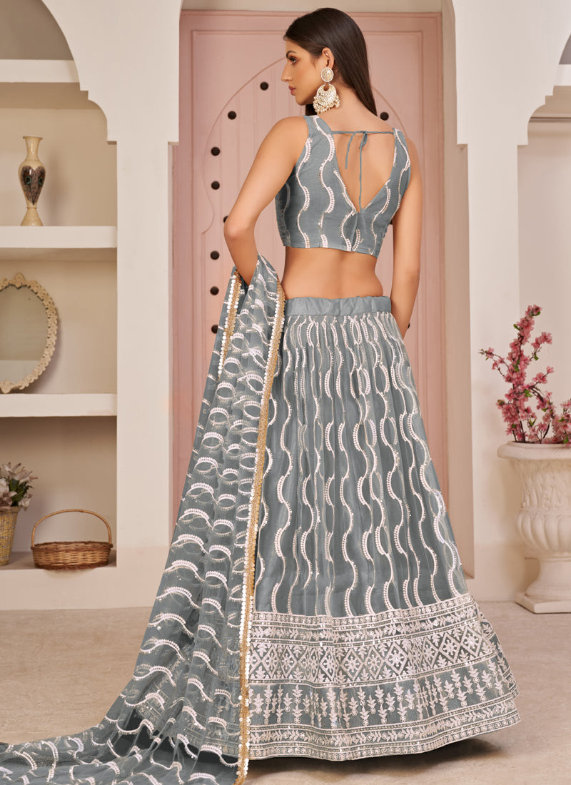 Grey Butterfly Net Embroidered Designer Lehenga Set