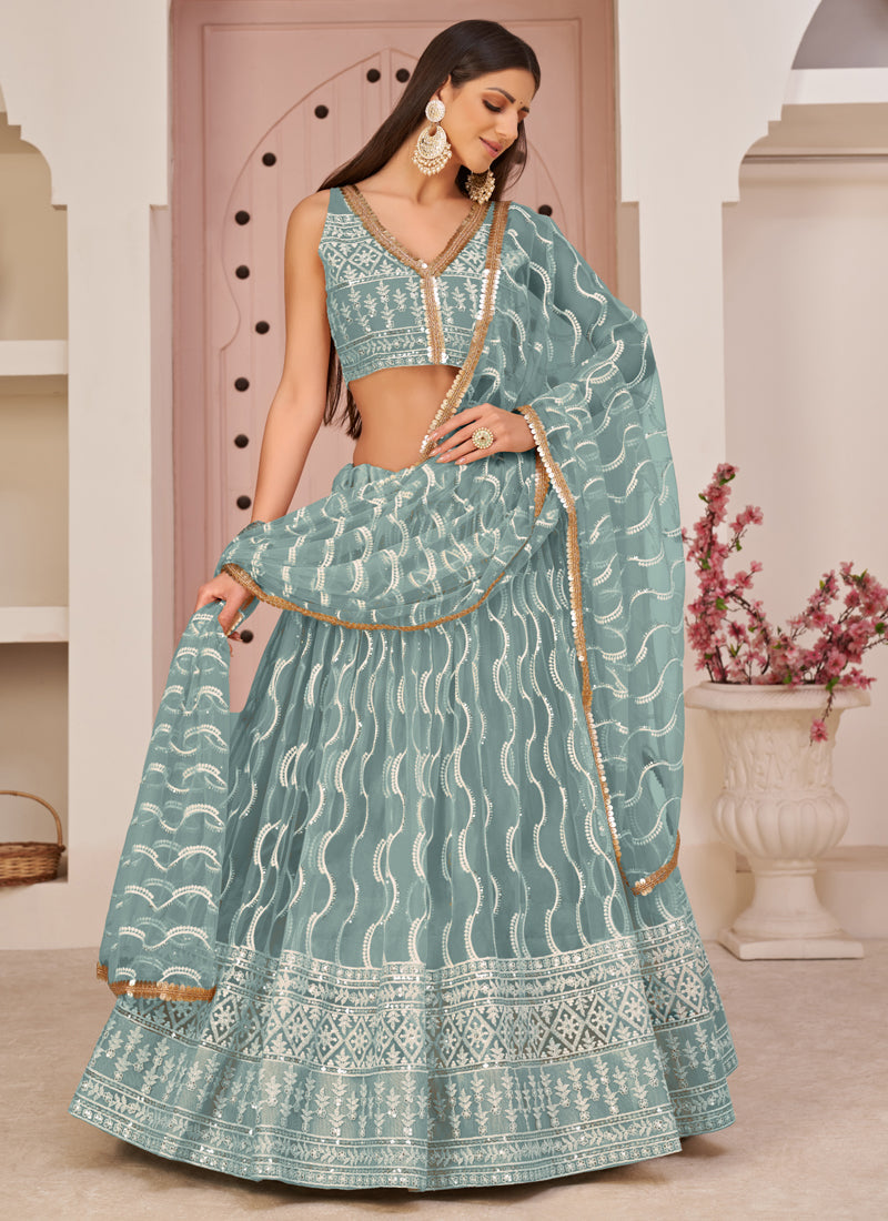 Ocean Blue net lehenga with detailed butterfly thread embroidery