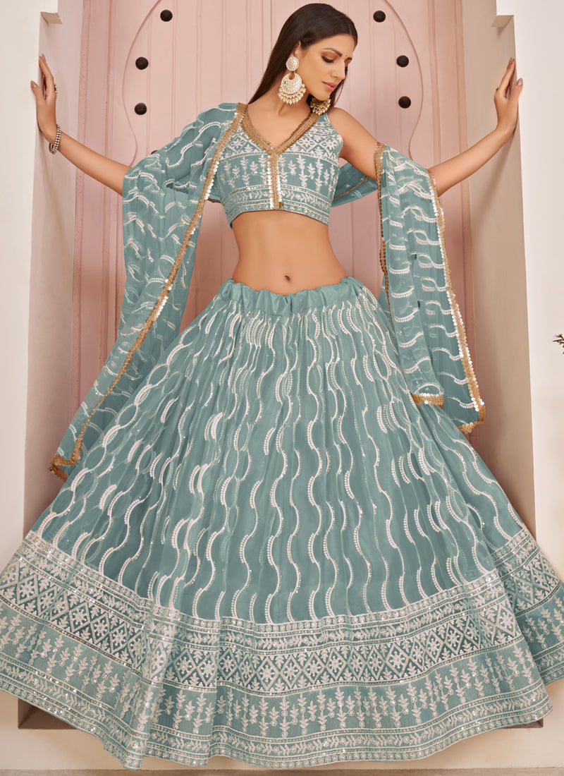 Ocean Blue Butterfly Net Embroidery Designer Lehenga Set