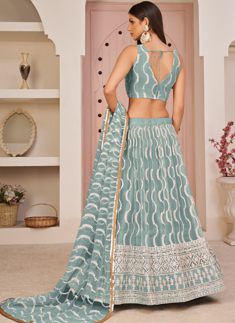 Ocean Blue Butterfly Net Embroidery Designer Lehenga Set