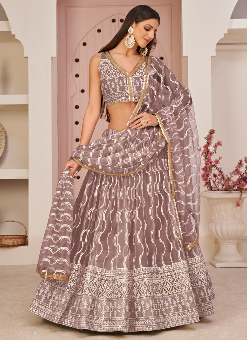 Onion pink butterfly net designer lehenga with intricate thread work