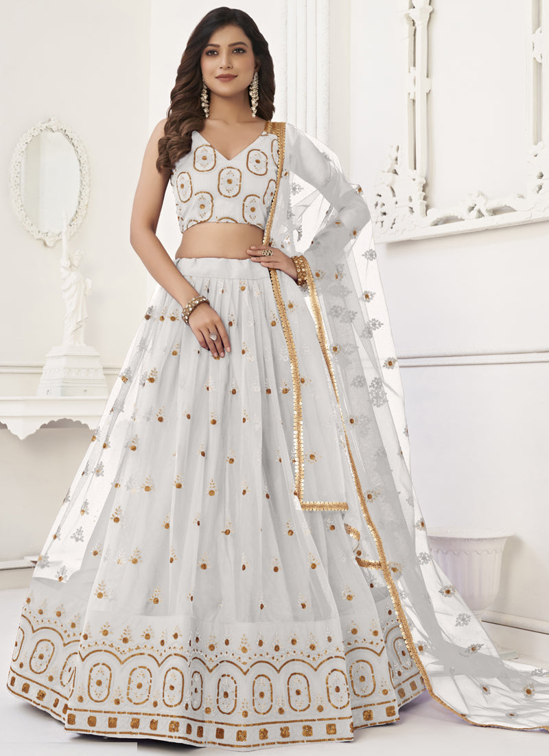 White butterfly net designer lehenga with intricate thread embroidery