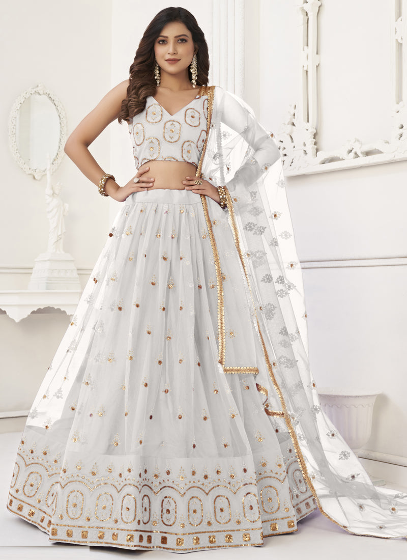 White Butterfly Net Embroidery Thread Work Designer Lehenga