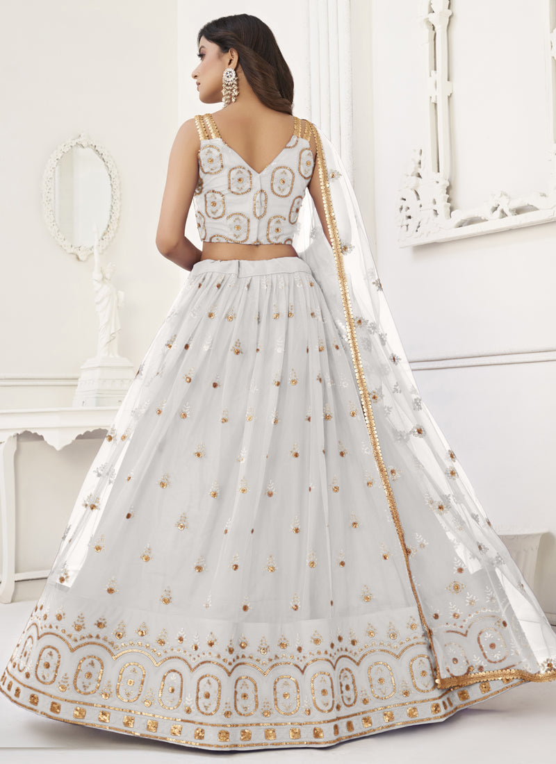 White Butterfly Net Embroidery Thread Work Designer Lehenga