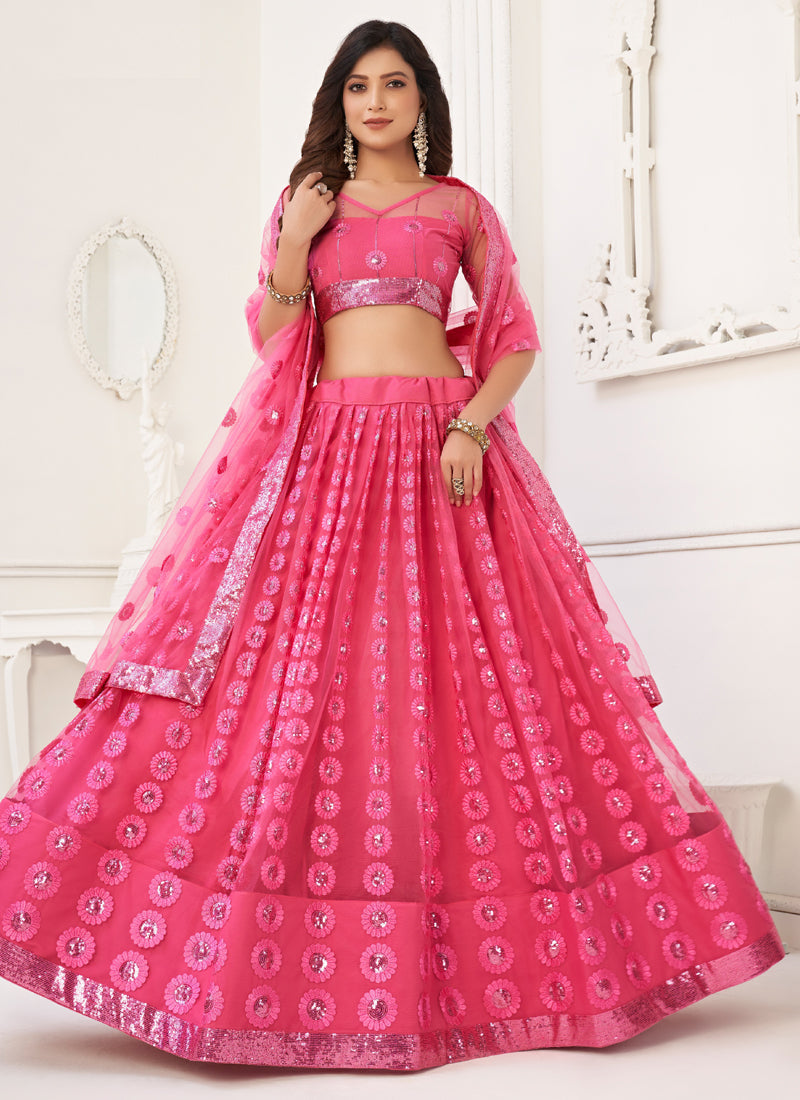 Pink Butterfly Net Designer Lehenga with Thread Embroidery
