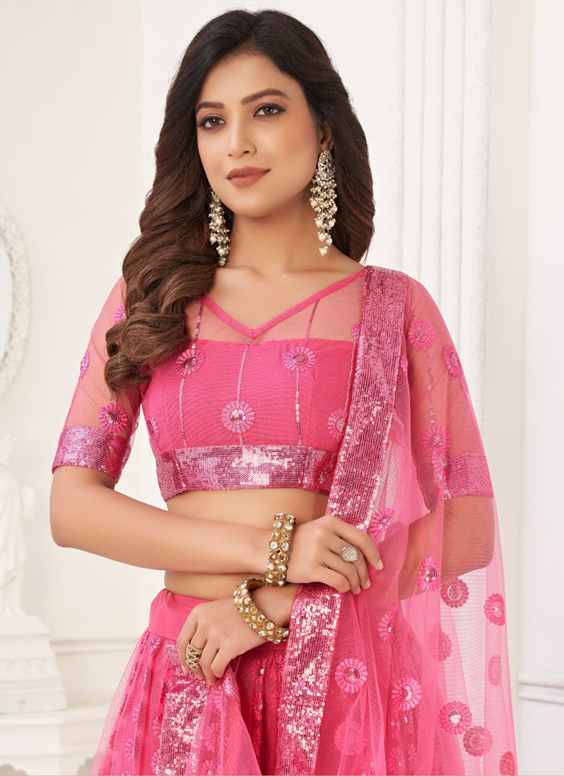 Pink Butterfly Net Designer Lehenga with Thread Embroidery