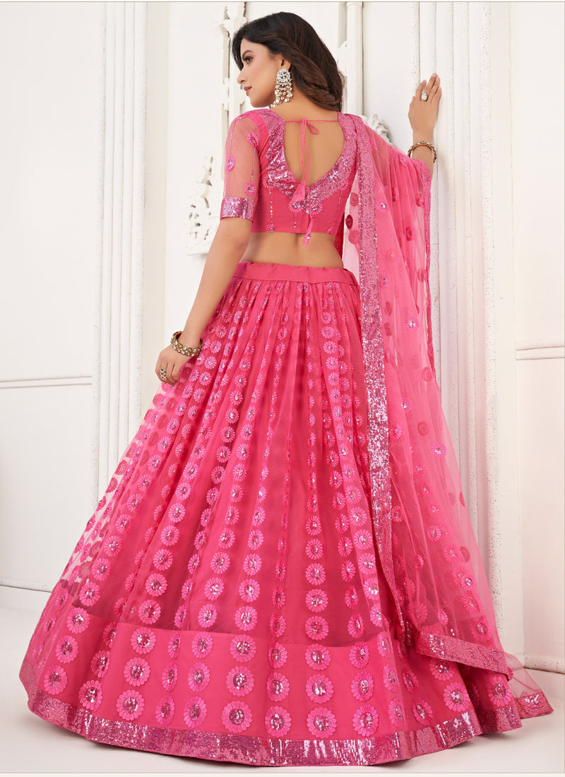Pink Butterfly Net Designer Lehenga with Thread Embroidery