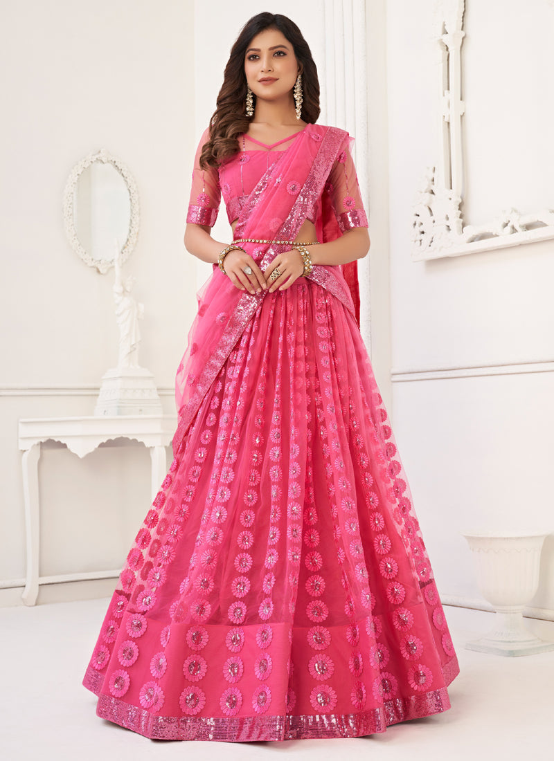 Pink butterfly net designer lehenga with delicate thread embroidery