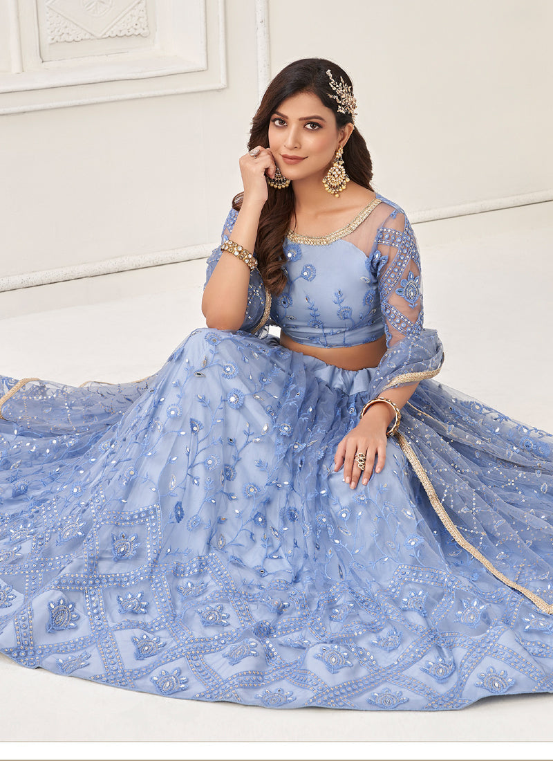 Sky Blue Butterfly Net Embroidered Thread Work Lehenga Set