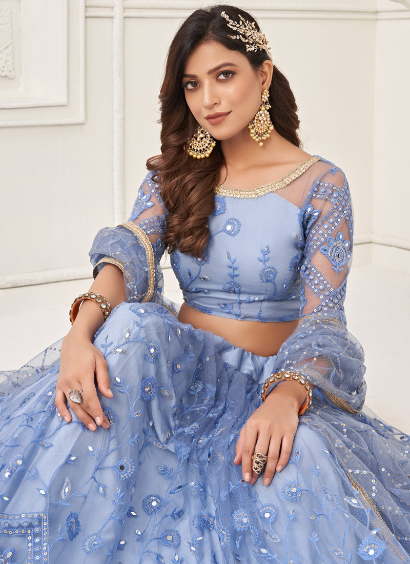 Sky Blue Butterfly Net Embroidered Thread Work Lehenga Set