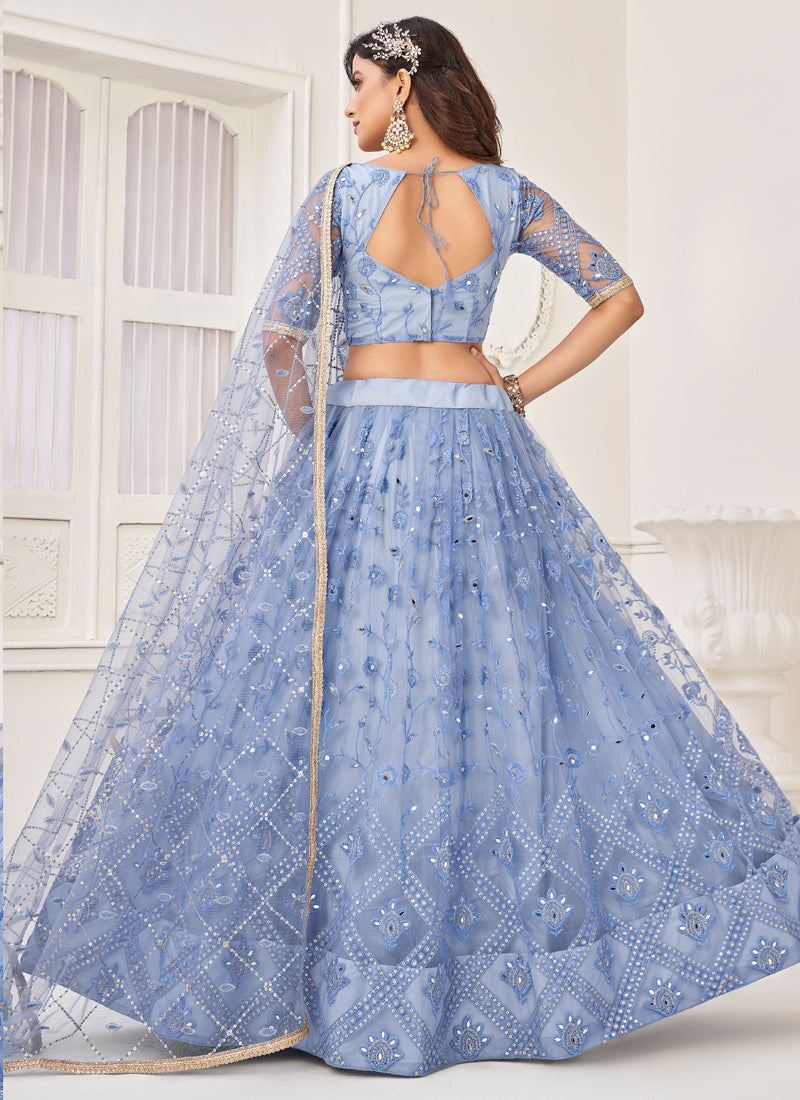 Sky Blue Butterfly Net Embroidered Thread Work Lehenga Set